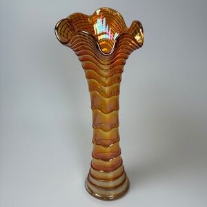 VTG Imperial Ripple Iridescent Marigold Stretch Carnival‎ Glass Vase